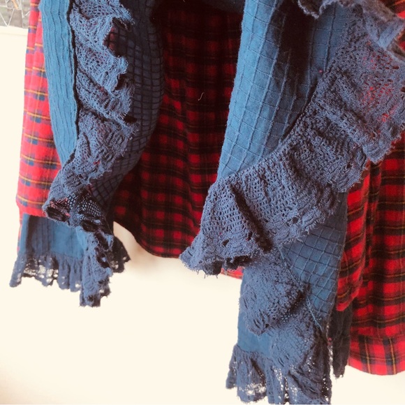BDG Louie Flannel Plaid Lace Layered Red & Blue shacket XS - Picture 10 of 11